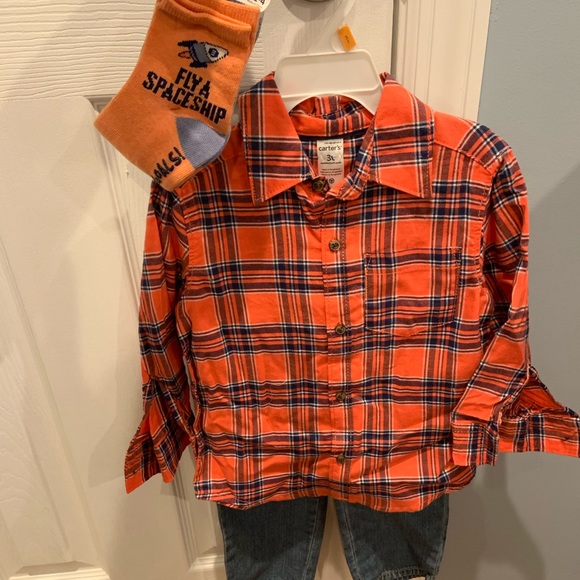 Carter's Other - Orange plaid button down/ jeans/ sock set